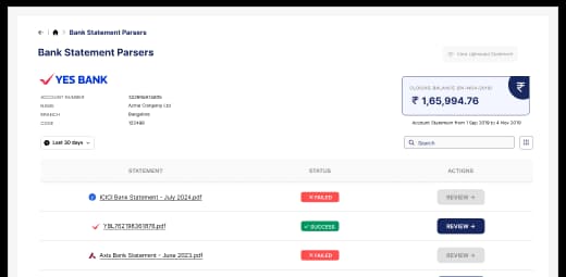 Bank Statement Parsers dashboard