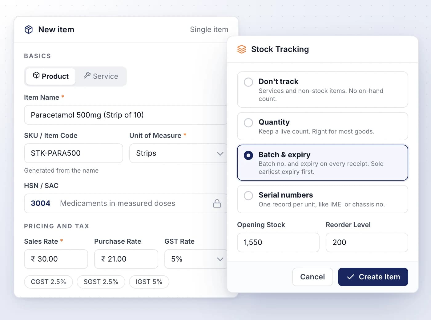 One item list for products and services