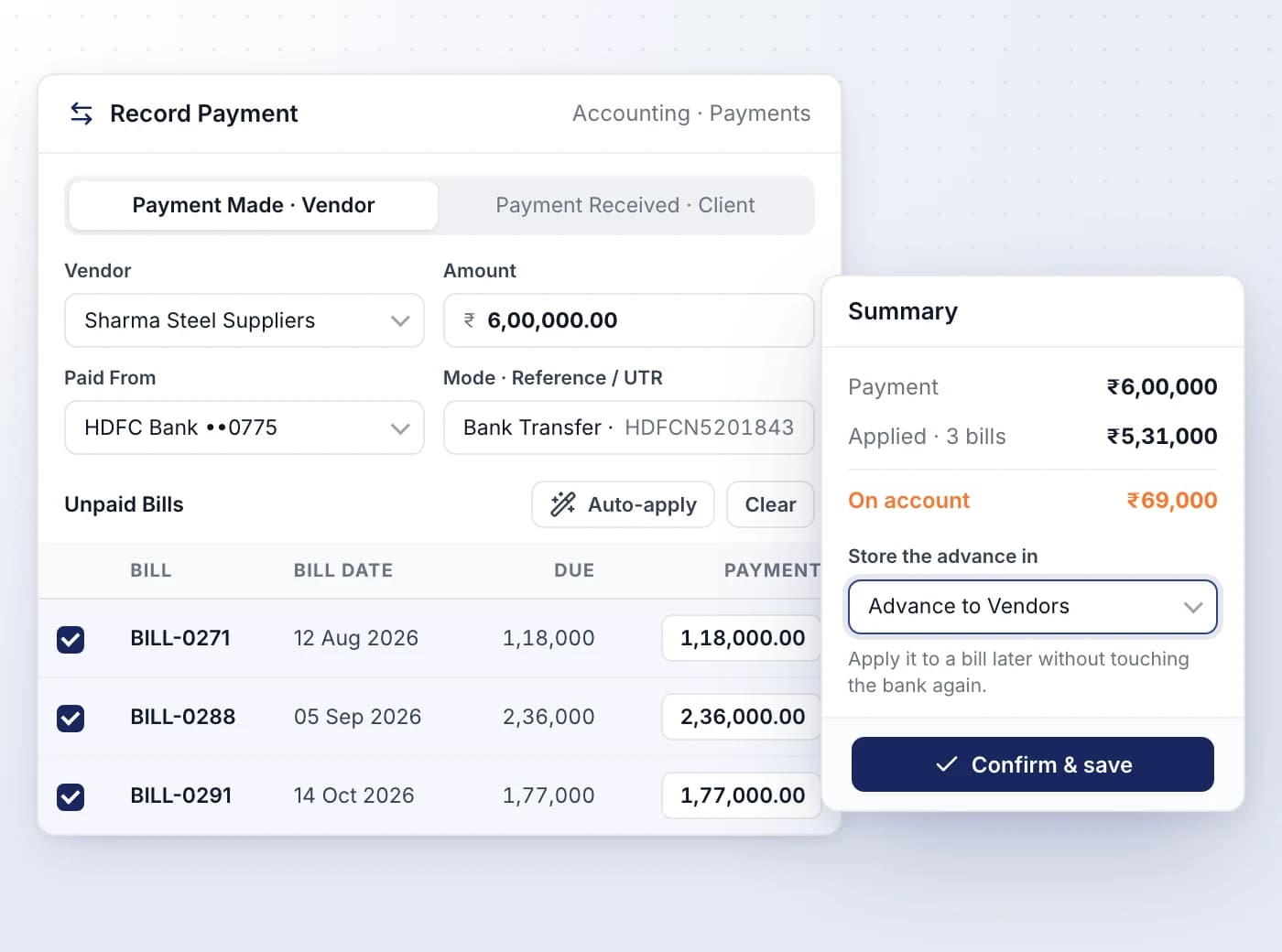 One payment, many bills, advances handled