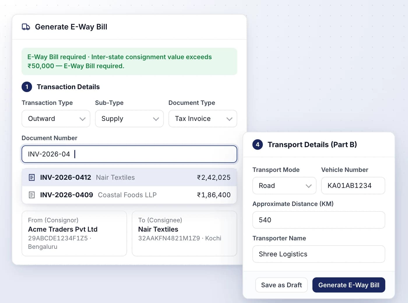 Build an e-way bill from a saved invoice