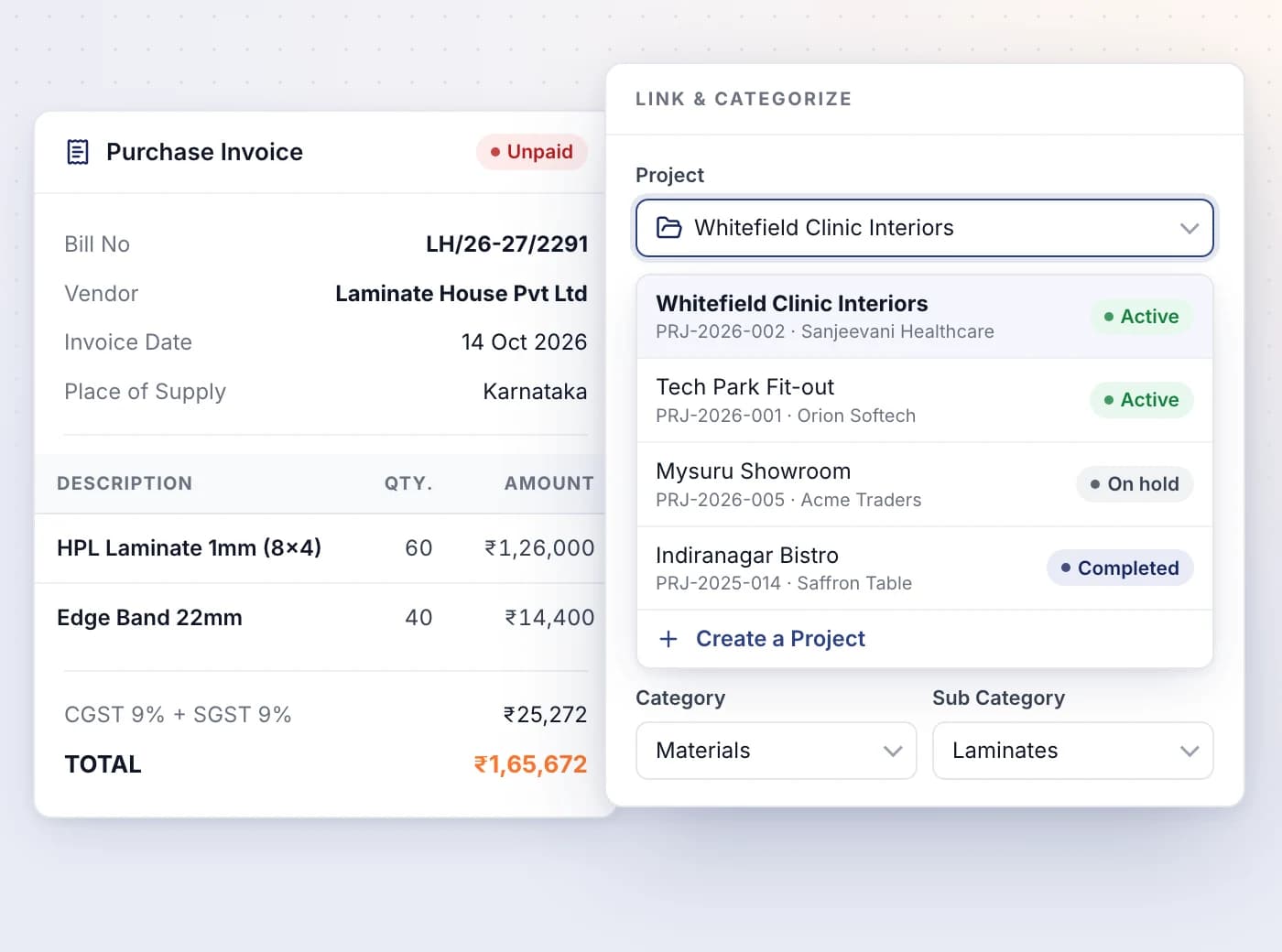 Tag invoices, bills and journals to a project