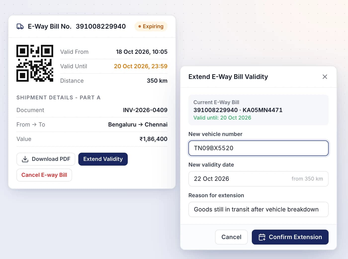 Track, extend and cancel e-way bills